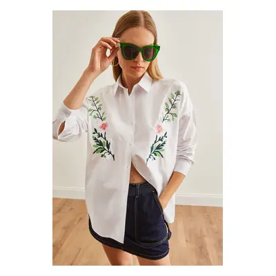 Olalook Women's Violet White Embroidery Detailed Oversize Woven Shirt