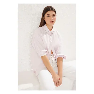 Trendyol Light Pink Collar Stone Detail Oversize Woven Shirt