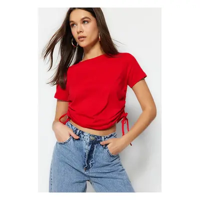 Trendyol Red 100% Cotton Basic Crew Neck Knitted T-Shirt with Gather Detail