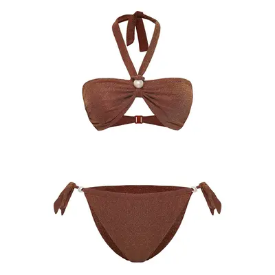 Trendyol Brown Strapless Pearl Accessorized Glittery Bikini Set