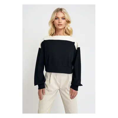 Trend Alaçatı Stili Women's Black Ecru Boat Neck Color Block Sleeves and Elastic Waist Crop Blou