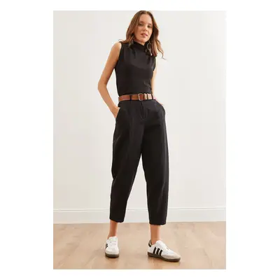 Olalook Women's Black Belted Stitch Detailed Baggy Gabardine Trousers