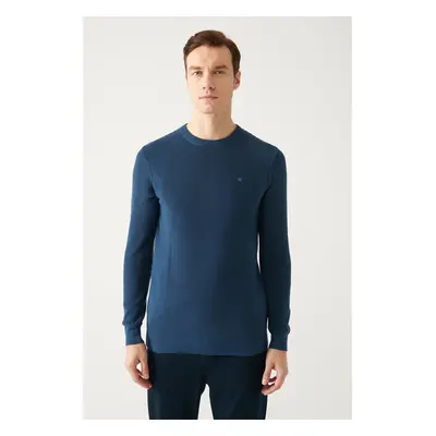 Avva Men's Indigo Crew Neck Jacquard Slim Fit Slim Fit Knitwear Sweater