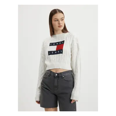 White Women Patterned Oversize Sweater with Balloon Sleeves Tommy Jeans - Women