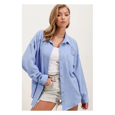 Bigdart Single Pocket Oversized Linen Shirt - Blue