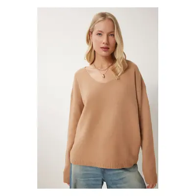 Happiness İstanbul Women's Biscuit V-Neck Knitwear Sweater