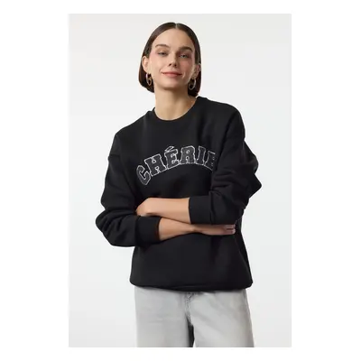 Trendyol Black Thick Polar Fleece Oversize/Relaxed Cut Slogan Embroidered Knitted Sweatshirt