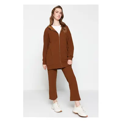 Trendyol Brown Oversize Zippered Hooded Cardigan Knitted Tracksuit