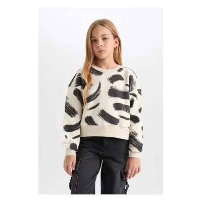 DEFACTO Girl's Patterned Crew Neck Sweatshirt