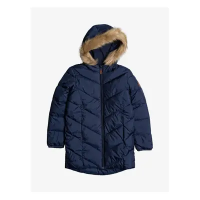 Roxy Dark Blue Girly Quilted Winter Coat with Hood and Artificial Fur Rox - Unisex