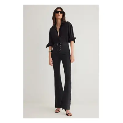 Trendyol Black Eyelet Tie Detail High Waist Flare Jeans