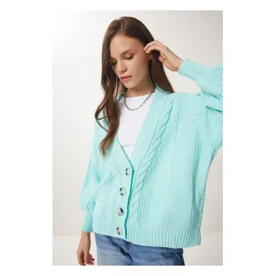 Happiness İstanbul Women's Water Green Braided Balloon Sleeve Loose Knitwear Cardigan