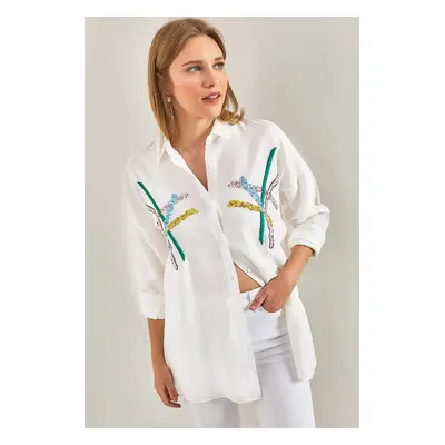 Bianco Lucci Women's Sequin Pallet Embroidered Linen Ayrobin Shirt