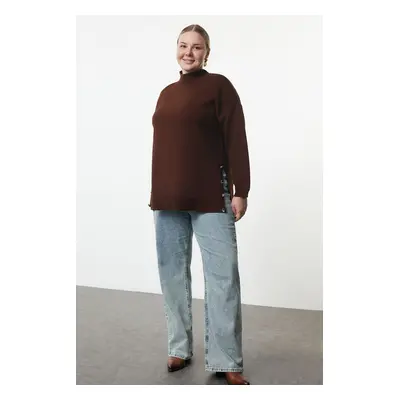 Trendyol Curve Brown Button Detailed Turtleneck Knitwear Sweater