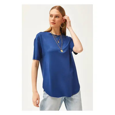 Olalook Women's Navy Blue Modal Touch Soft Textured Six Oval T-Shirt