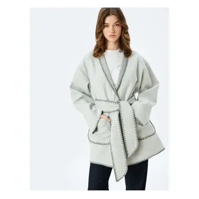 Koton Long Double Breasted Coat Shawl Collar Belted Crochet Detailed Pockets