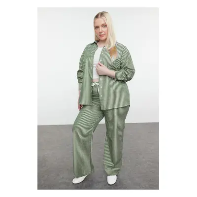 Trendyol Curve Khaki-White Flexible Waist Striped Woven Plus Size Shirt-Pants Bottom-Top Set