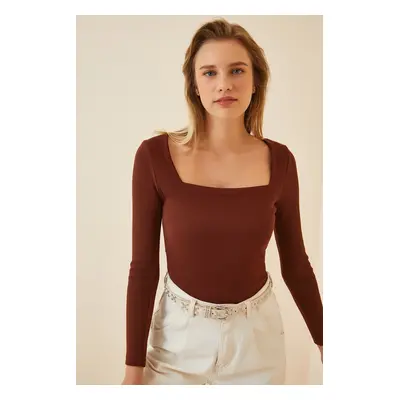 Happiness İstanbul Women's Dark Brown Square Neck Ribbed Knitted Blouse