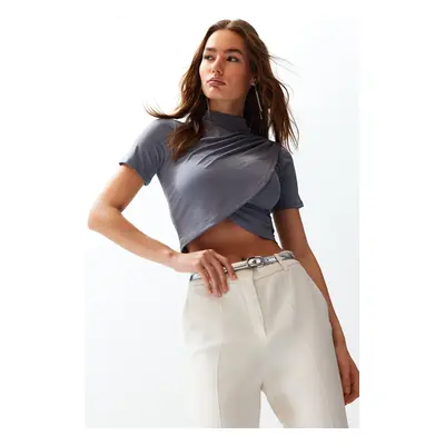 Trendyol Gray High Neck Short Sleeve Draped Crop Blouse Knitted Blouse