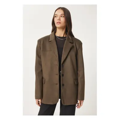 Happiness İstanbul Women's Khaki Premium Suede Blazer Jacket