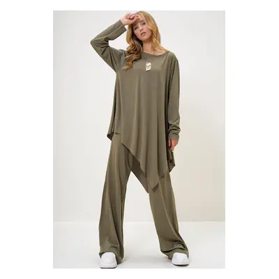 Trend Alaçatı Stili Women's Khaki Modal Fabric Crew Neck Asymmetric Cut Long Tunic and Trouser S