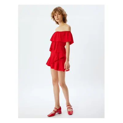 Koton Ruffle Dress Mini Boat Neck Off Shoulder Relaxed Fit