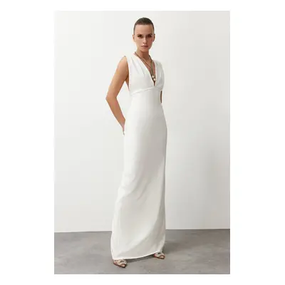 Trendyol White Deep V-neck Woven Long Elegant Evening Dress