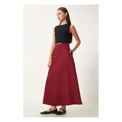 Happiness İstanbul Women's Burgundy Pocket Jacquard Suede Flared Skirt