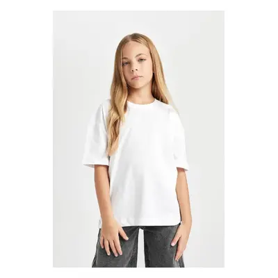 DEFACTO Girl Oversize Wide Pattern Crew Neck Basic Plain Short Sleeve T-Shirt