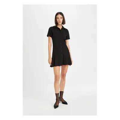 DEFACTO Polo Neck Basic Plain Short Sleeve Pleated Mini Dress