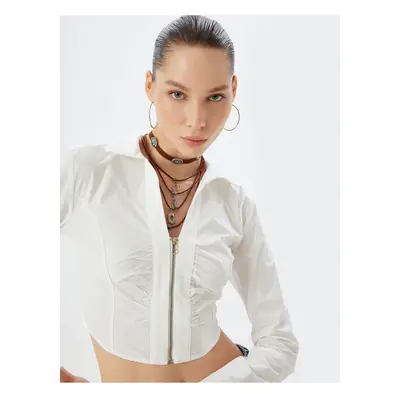 Koton Crop Shirt Zippered Long Sleeve Draped