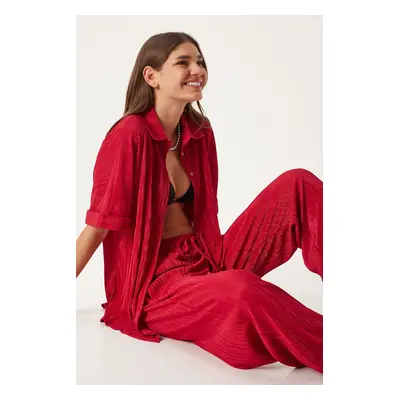 Happiness İstanbul Women's Red Pleated Shirt Trousers Set