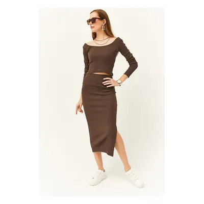 Olalook Women's Bitter Brown Open Collar Long Sleeved Blouse and Slit Skirt Set