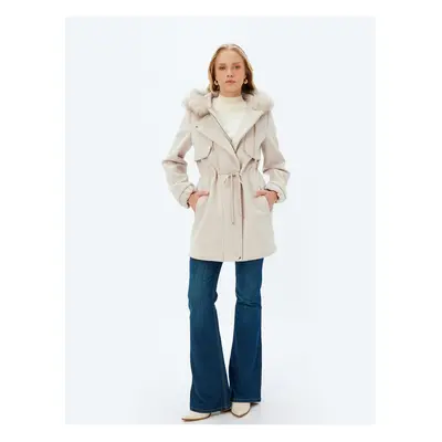 Koton Hooded Faux Für Collar Cashmere Coat with Tie Waist and Zippered Pockets