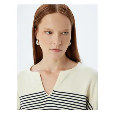 Koton Cut V-Neck Striped Oversize Knitwear Sweater