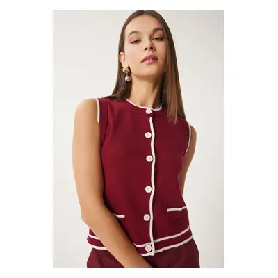 Happiness İstanbul Women's Burgundy Contrast Stripe Detailed Knitwear Vest