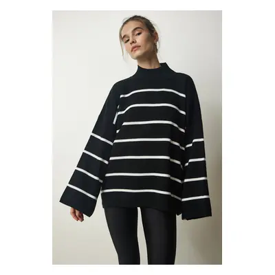 Happiness İstanbul Women's Black High Neck Striped Oversize Knitwear Sweater