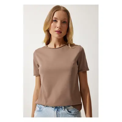 Happiness İstanbul Women Mink Crew Neck Basic Knitted T-Shirt