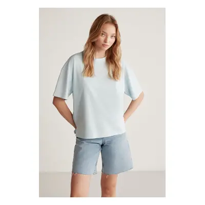 GRIMELANGE Jemmy Women's Basic Jersey Woven Relaxed 100% Organic Cotton Light Blue T-shirt