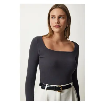 Happiness İstanbul Women's Anthracite Square Collar Corded Knitted Blouse