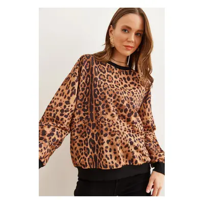 Olalook Women's Brown Leopard Basic Soft Texture Casual Sweatshirt