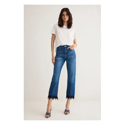 Trendyol Blue More Sustainable Lace Detailed Normal Waist Straight Jeans