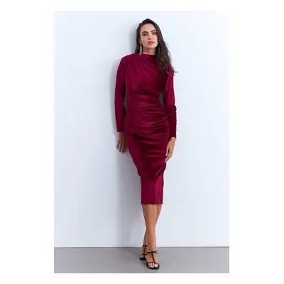 Cool & Sexy Women's Burgundy Draped Midi Dress