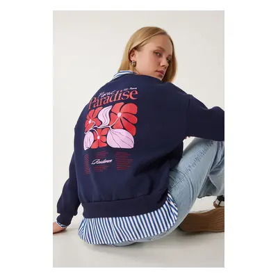 Happiness İstanbul Women's Navy Blue Printed Raised Knitted Sweatshirt