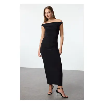 Trendyol Black Body-Sit Carmen Collar Knitted Chic Midi Evening Dress