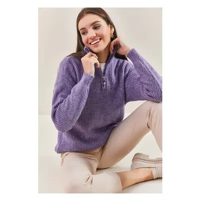 Bianco Lucci Women's Zippered Turtleneck Oversize Knitwear Sweater