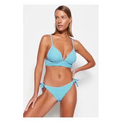 Trendyol Blue Gingham texturált nyakkendős normál lábú bikini alsó