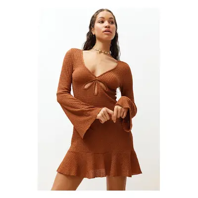 Trendyol Brown Fitted Mini Knitted Ruffle Beach Dress