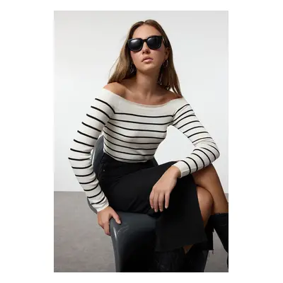 Trendyol Ecru Boat Neck Striped Knit Sweater