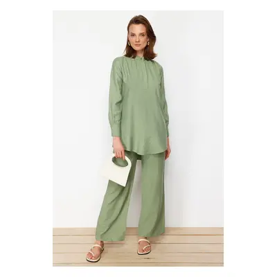 Trendyol Green Half-Concealed Fly Shoulder Detailed Tunic-Pants Weave Suit